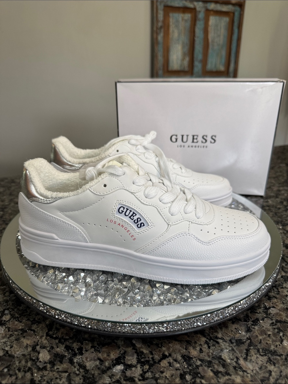 Guess White Sneakers with Silver Heel Tab iconic logo NEW 11